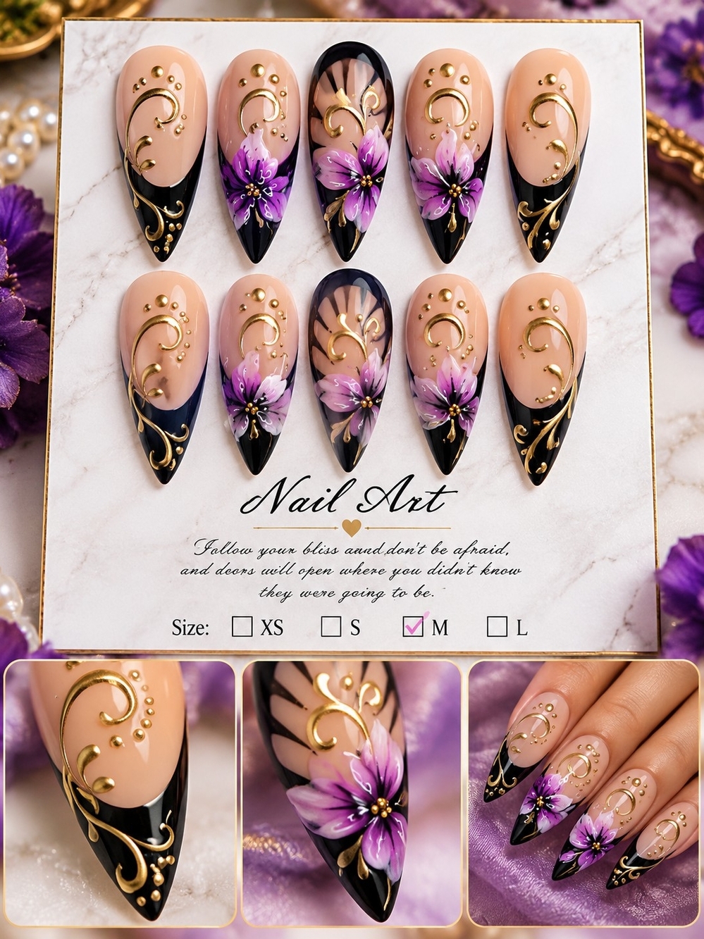 Purple Floral & Gold Press-On Nails – Size Medium